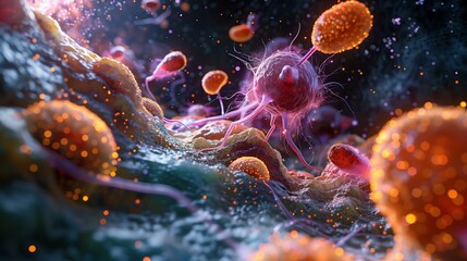 Fototapeta premium Microscopic view of cells engaging in a dynamic, colorful biological environment.