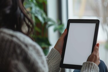 Showcase screen next to the shoulder of a woman holding an ebook with a fully grey screen