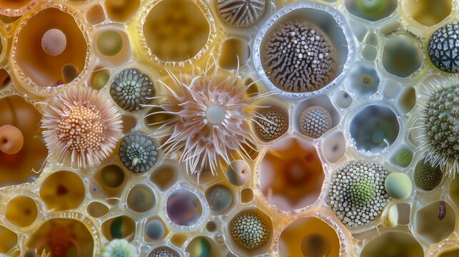 A close-up view of diverse microscopic organisms displaying intricate patterns and vibrant colors under a microscope.