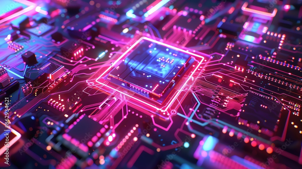 Poster futuristic neon circuit board with glowing microchip in vibrant colors showcasing advanced technolog
