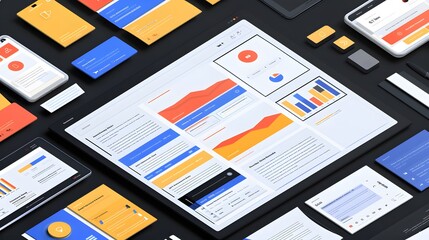 A collection of various items, including a cell phone, a tablet, and a laptop, are displayed on a black background. The items are arranged in a way that suggests a variety of different devices