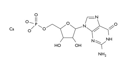 calcium guanylate molecule, structural chemical formula, ball-and-stick model, isolated image flavor enhancer e629