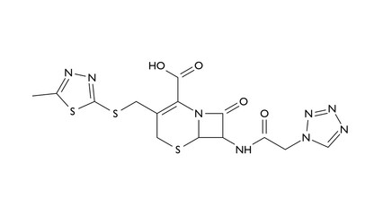 cefazolin molecule, structural chemical formula, ball-and-stick model, isolated image cefazoline