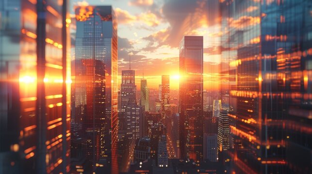 a view of skyscrapers against the backdrop of sunset, evening city without people