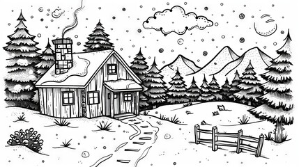 Fototapeta premium A cozy cabin nestled in a snowy forest. The perfect place to escape the hustle and bustle of city life.