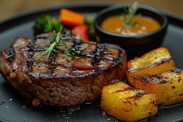 A perfectly seared Wagyu beef steak, with a side of roasted vegetables