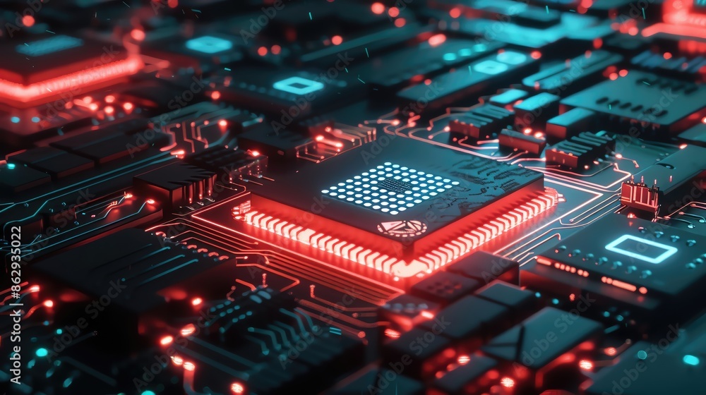 Poster close-up of a glowing computer microchip on a modern motherboard, showcasing advanced technology and