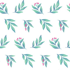 Seamless floral pattern, abstract print, folk motif ornament of watercolor berries twigs. Classic botanical design: hand drawn berries branches, large leaves isolated on white. Vector illustration.