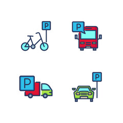 Parking area for transport line icon set. Parking lots for bicycle, bus, car and truck. Road markings concept. Vector illustration for web design and apps