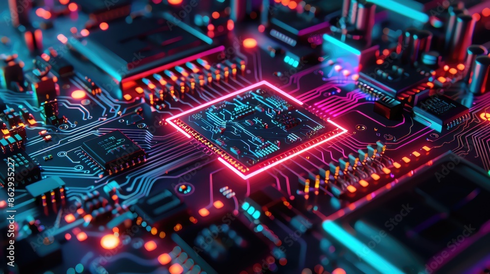 Poster close-up of a colorful illuminated microchip on a circuit board showcasing intricate electronic comp
