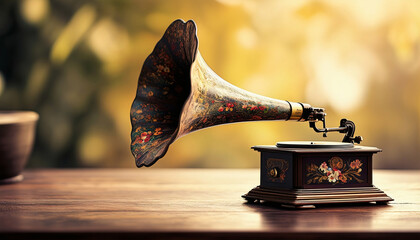 An old gramophone stands out on a varnished wooden table, in front of a blurred background, with free space for text.