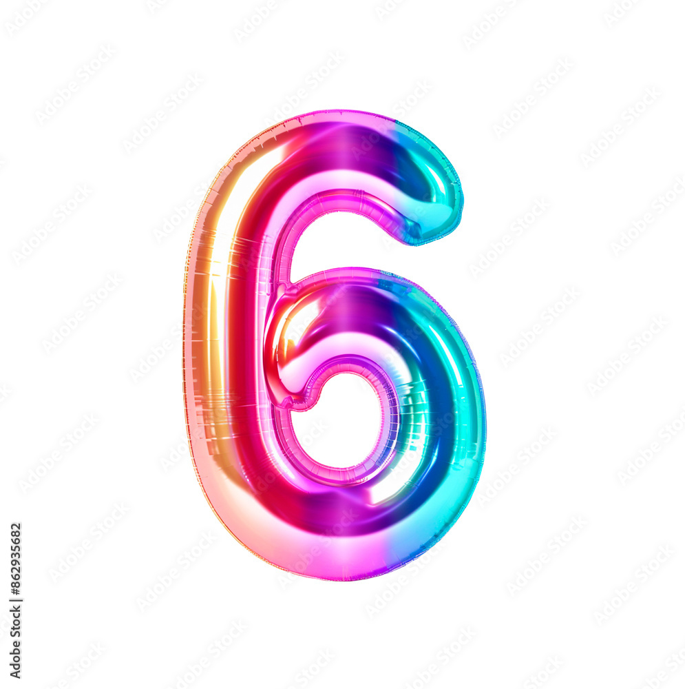 Poster ai generated photo with inflatable multicolored neon number 6. minimalistic balloon isolated on a tr