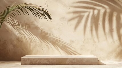 Empty room wall with texture tropical leaves shadow for product display presentation. Minimalist shadow overlay for product placement, stage pedestal or platform, promotion.
