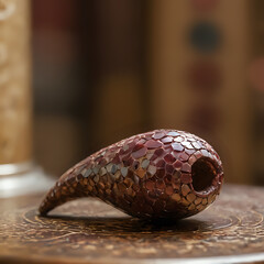 a small decorative object on a table with a glass