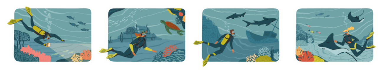 Scuba diving underwater activity cartoon scene set