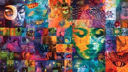A colorful collage of images, including a face with a blue eye, is displayed. The piece is a work of art that combines various elements and colors to create a visually striking and unique composition