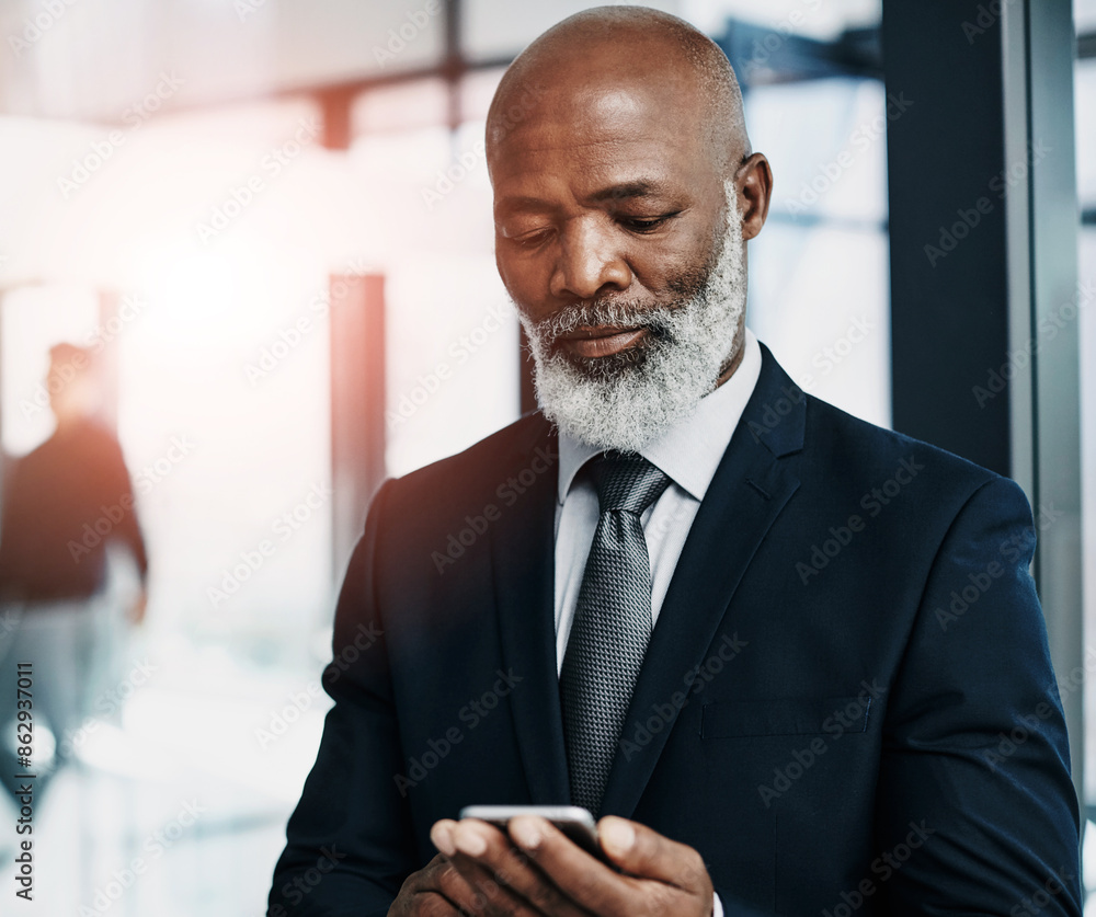 Poster Mature, man and typing in office with smartphone, professional CEO and networking with executive. Message, business notification and internet search in workplace, web and email on communication app