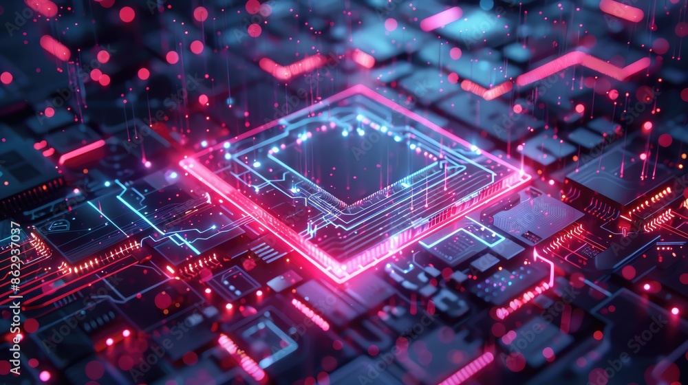Poster futuristic digital circuit board with neon lights representing advanced technology and high-tech inn