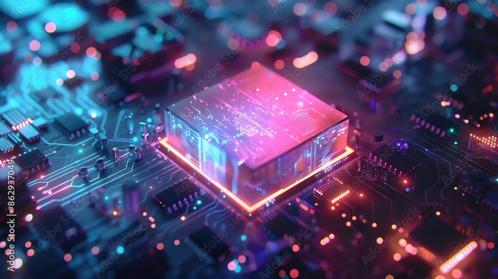 Aufkleber futuristic microchip on an illuminated circuit board, depicting advanced technology and innovation i