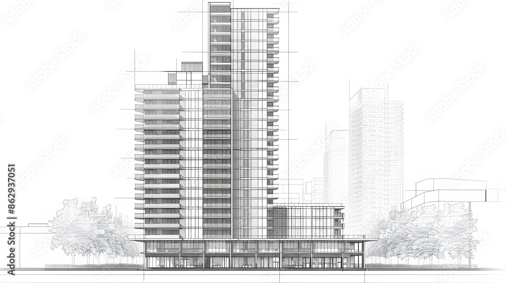 Aufkleber a building with many floors and a lot of windows. the building is very tall and has a lot of space i