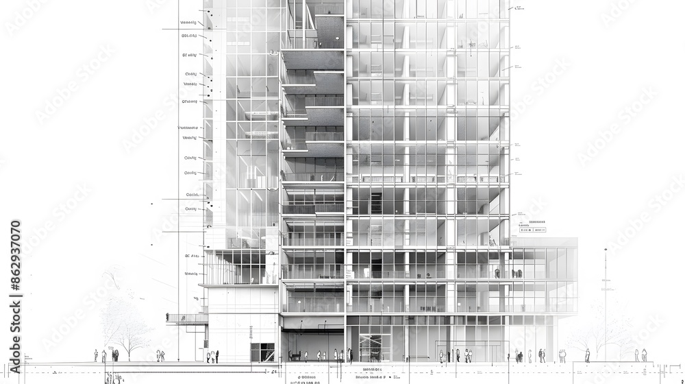 Poster a building with many floors and a lot of windows. the building is very tall and has a lot of space i