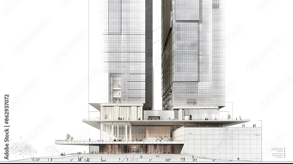 Poster a building with many floors and a lot of windows. the building is very tall and has a lot of space i