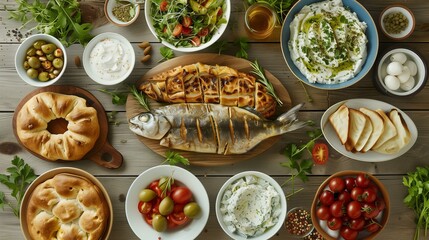 An appetizing spread featuring a whole baked fish, fresh vegetables, and assorted breads on a wooden table.
