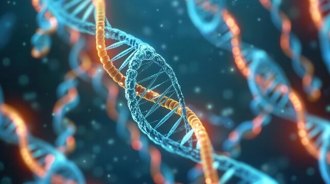 3Drendered view of gene expression process, DNA transcription and translation, cellular biology, medical visualization