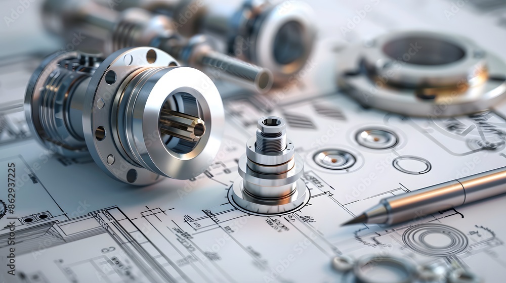 Poster a machine part is shown on a white background with a drawing of a machine. concept of a mechanical d