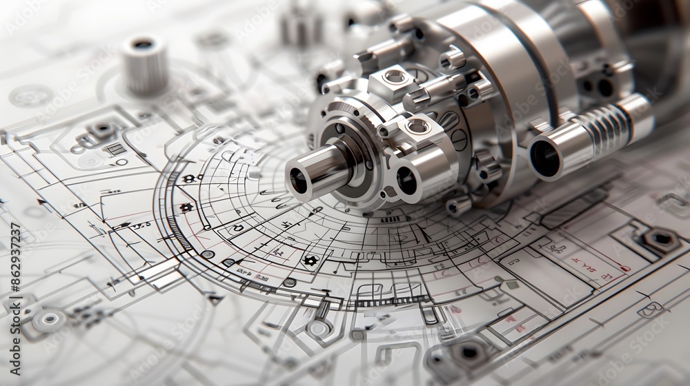 Poster a machine part is shown on a white background with a drawing of a machine. concept of a mechanical d