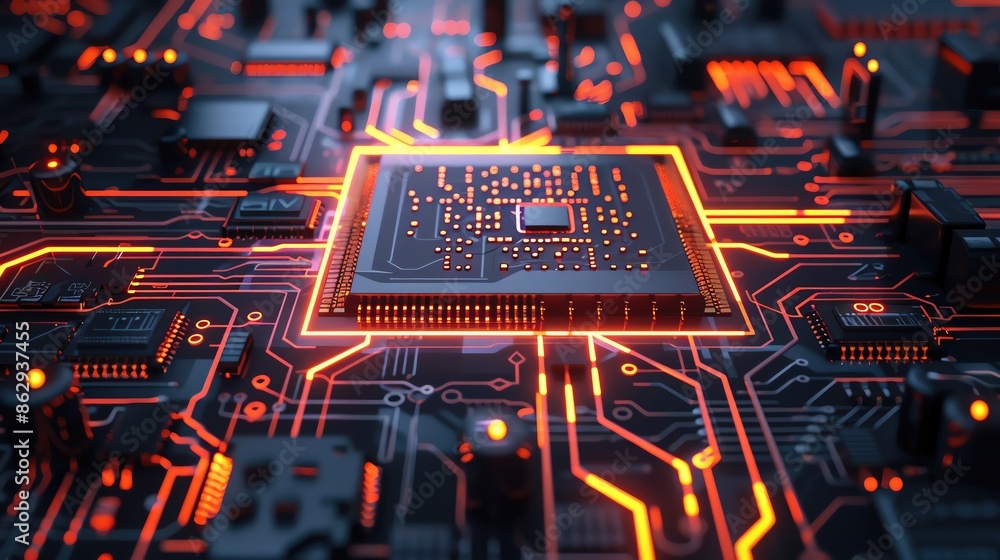 Poster close-up of a glowing microchip on a circuit board, illustrating the complexity of modern technology
