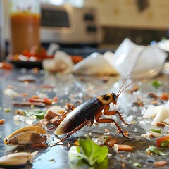 Cockroach in a messy kitchen setting with food scraps, emphasizing unhygienic conditions