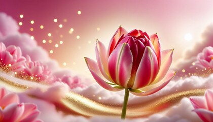 Fototapeta premium Pink Lotus Flower Surrounded by Pink Clouds and Golden Particles - Luxury Background