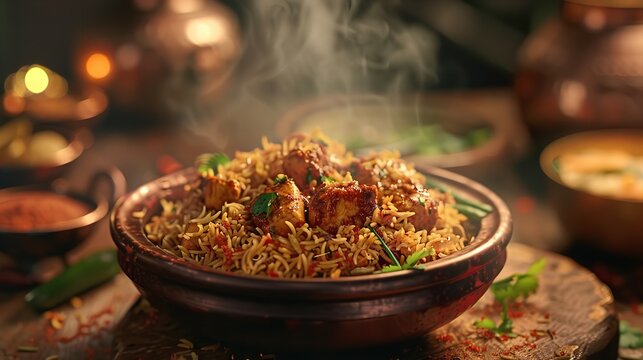 Delicious chicken biryani with marinated