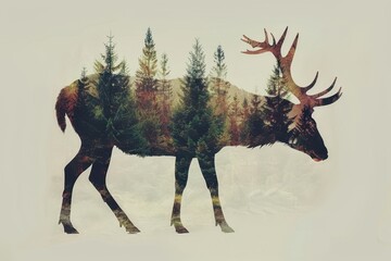 Deer and dense forest double exposure, showcasing harmony between animals and woodland.