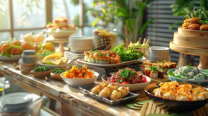 Obraz premium A vibrant spread of various delicious dishes on a wooden table set for a festive meal in a sunlit garden setting.