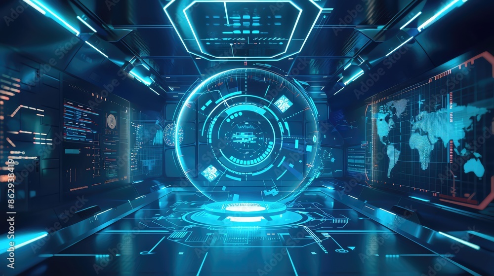 Poster futuristic digital technology interface with holographic display in a modern control room. high-tech