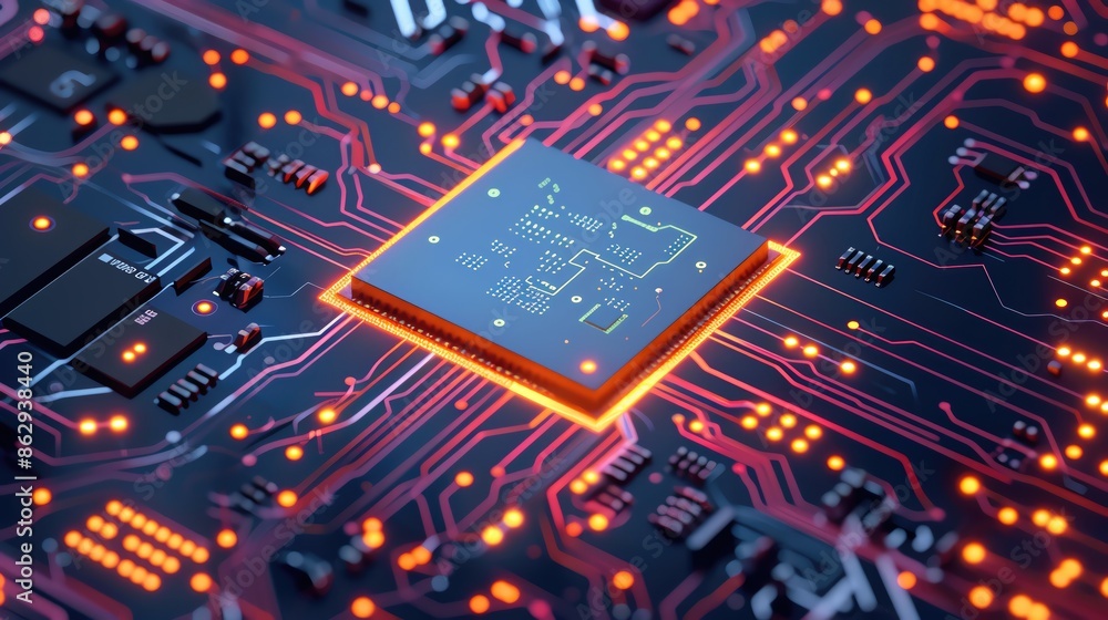 Poster close-up of a glowing microchip on a circuit board, depicting advanced technology and electronics in