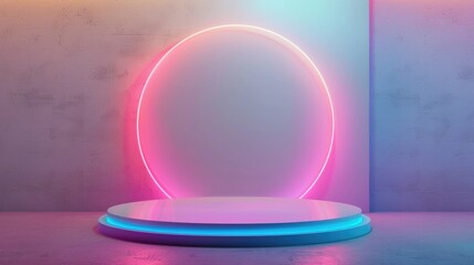 Obraz premium Neon podium product on colorful stage background, geometric shape for product display presentation, Podium, stage pedestal or platform.