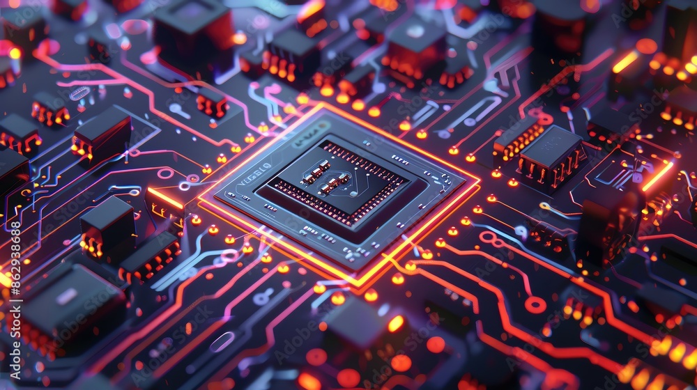 Poster high-tech close-up of a glowing microchip on a vibrant circuit board, highlighting the complexity an