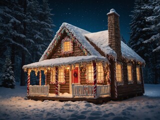 Charming log cabin decorated for christmas stands illuminated in snowy forest. Cabin adorned with candy cane pillars, string lights, festive wreaths. Snow covers roof, ground.