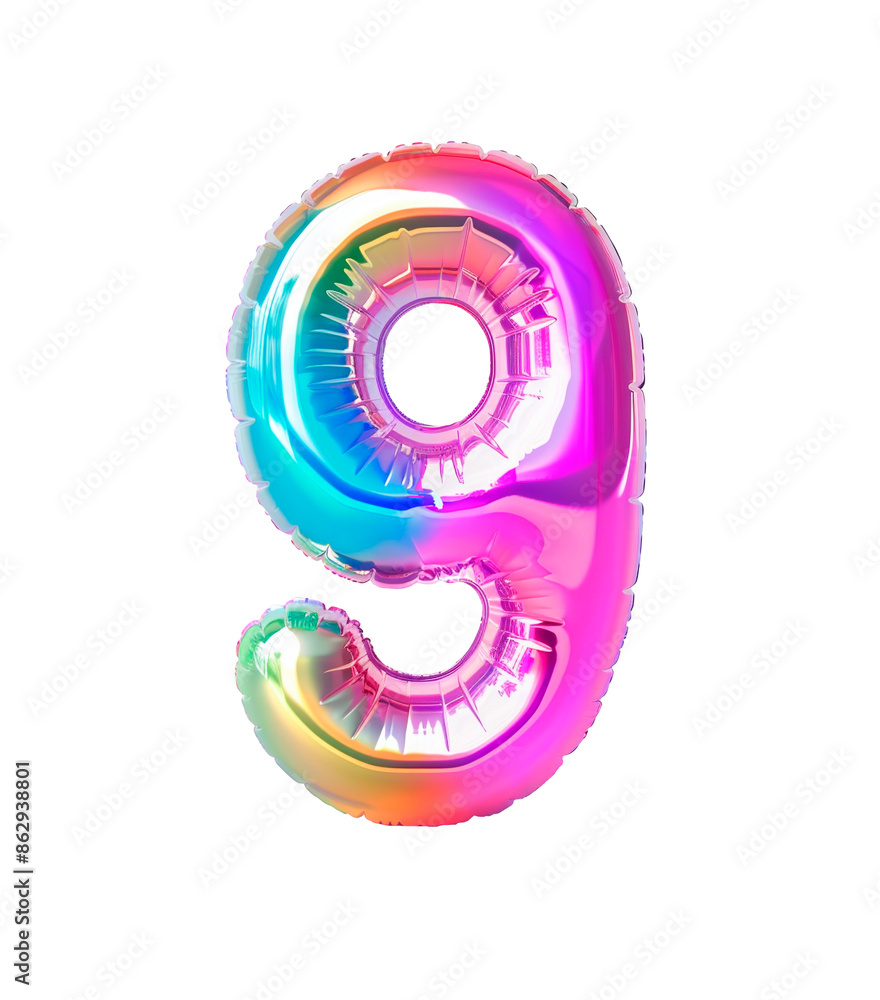 Poster ai generated photo with inflatable multicolored neon number 9. minimalistic balloon isolated on a tr