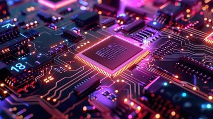 Obraz premium Close-up of a glowing computer motherboard with microchips and neon lights, representing advanced technology and digital circuits.