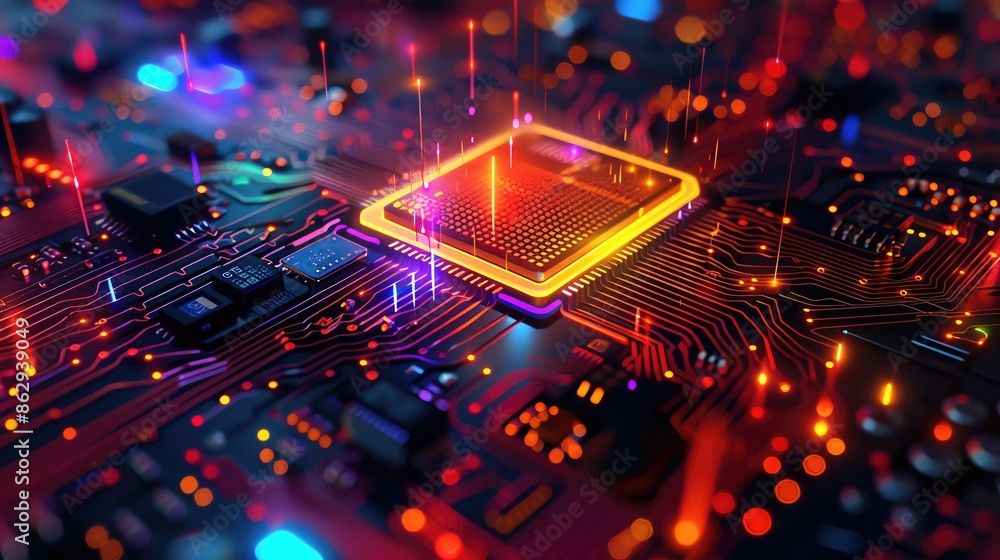 Poster vibrant close-up of a microchip on a circuit board with glowing lights, representing advanced techno
