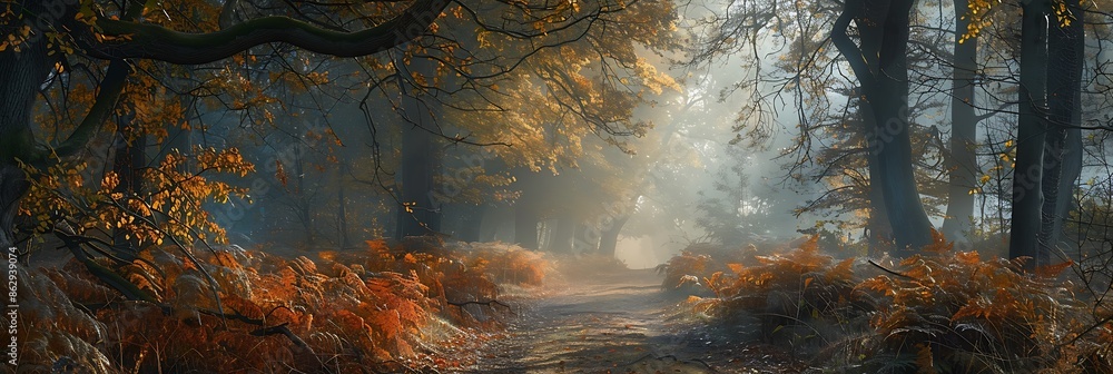 Poster tranquil woodland in early autumn the leaves beginning to turn and a soft light filtering through th