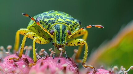Fototapeta premium Close-Up of a Green Shield Bug on a Pink Flower