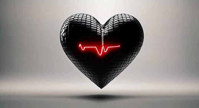 Black heart with a red heart beat line, isolared. Cardio monitoring and heart healt. Medical video background, heart care concept.  Black heart and red hearbeat line animation