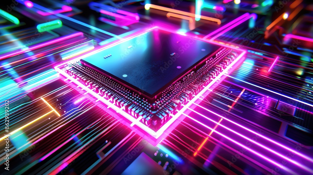 Aufkleber vibrant high-tech image showcasing a glowing microchip on a colorful futuristic circuit board, symbo