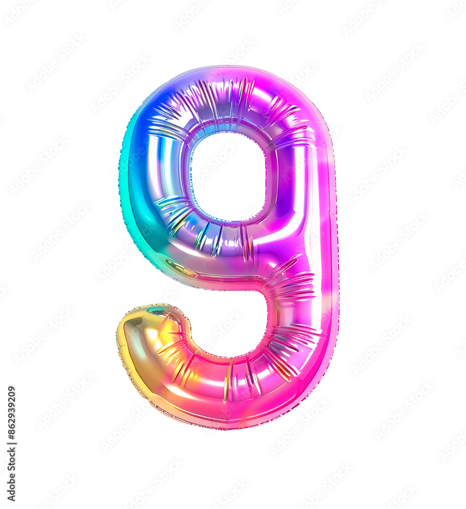 Poster ai generated photo with inflatable multicolored neon number 9. minimalistic balloon isolated on a tr