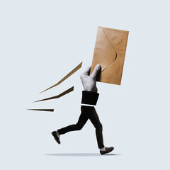 Running hand with an envelope. Art collage.